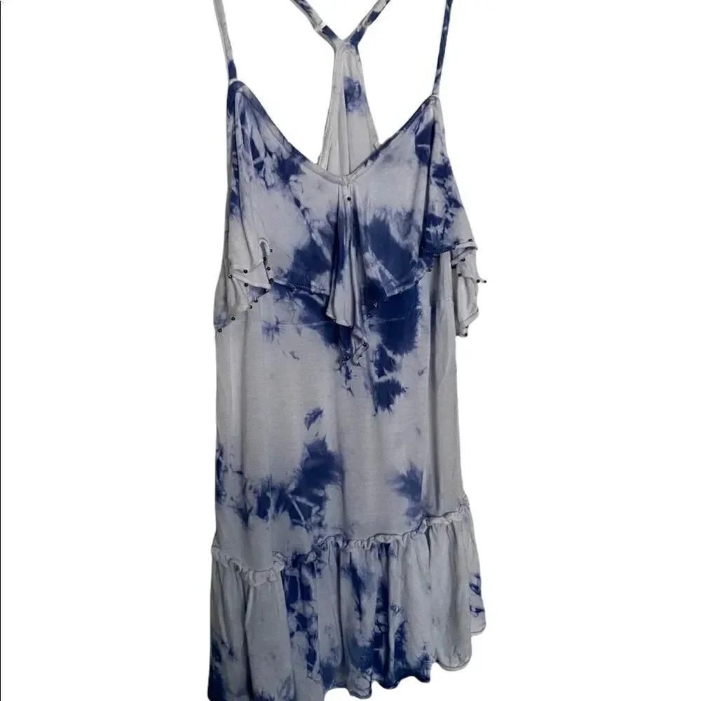 Fate spaghetti strap tie dye flowy blouse layered accents metal embellishments